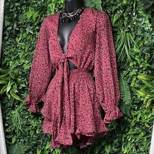 LUXXEL Romper Women Medium Red‎ Animal Print Ruffle Shorts Jumpsuit Boho 2727